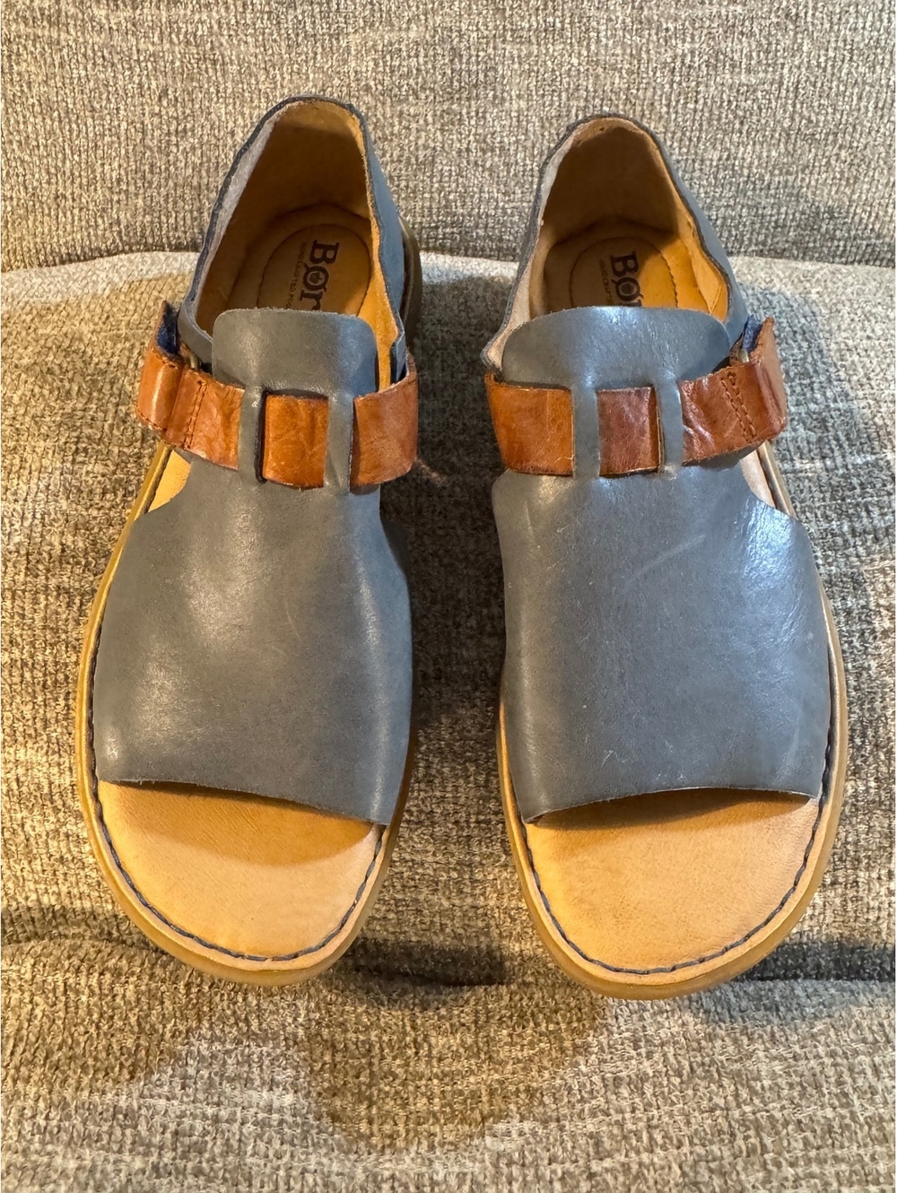 Børn Blue Slate Leather Open Toe Sandals Brown Strap Hook Loop Closure Size 6M